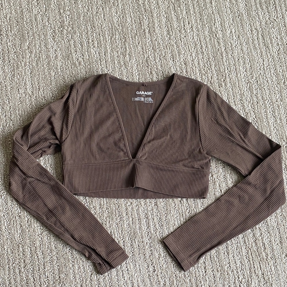 Garage Brown Ribbed V-Neck Cropped Long Sleeve Size Small